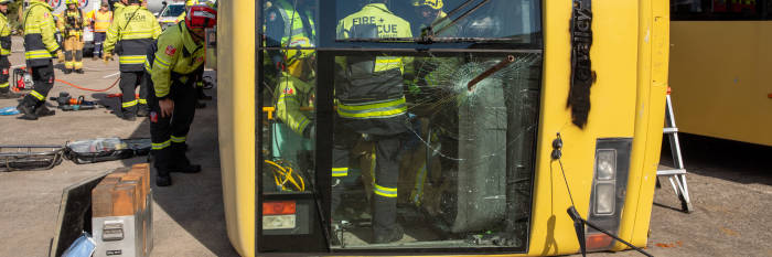 An image relating to the news item ***VISION ALERT*** Firefighters respond to mock bus crash exercise