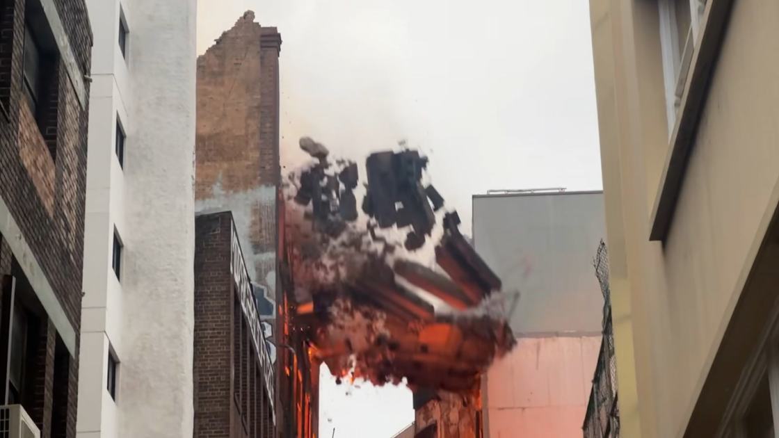 An image relating to the news item Wall collapses as major fire engulfs seven-storey building - VIDEO