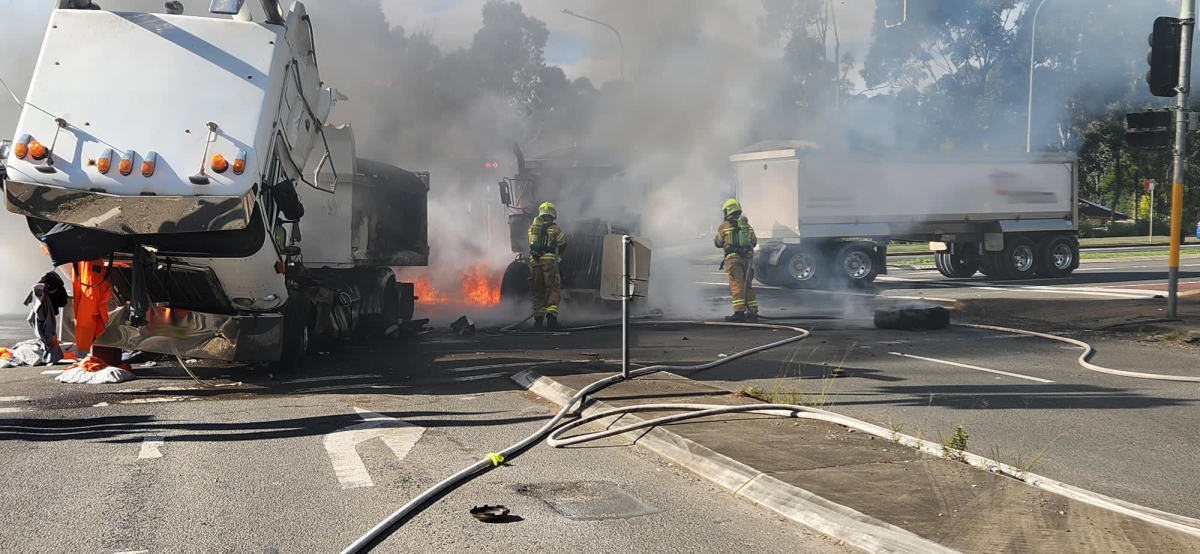 An image relating to the news item **VISION ALERT** Fire engulfs two trucks following head-on collision