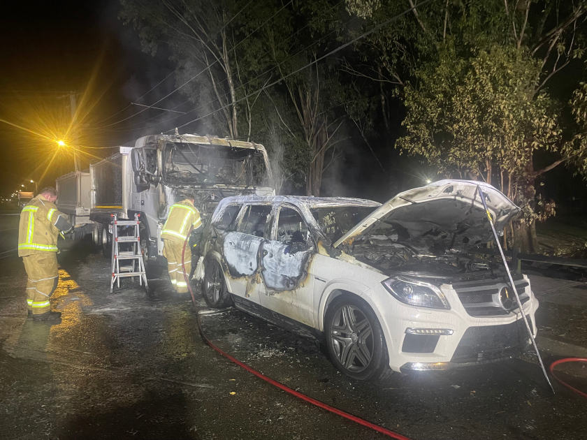 An image relating to the news item Car and truck destroyed by fire overnight