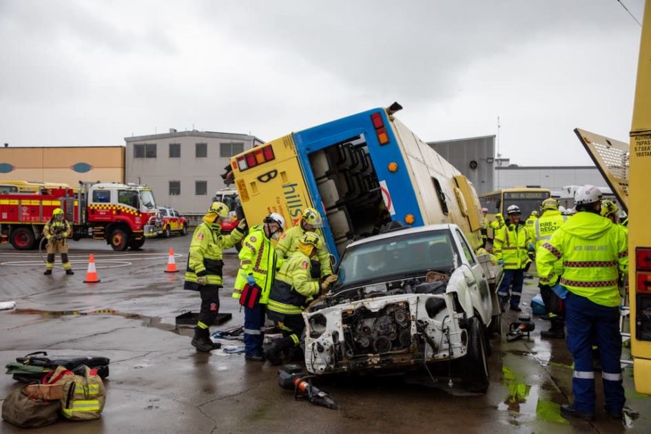 An image relating to the news item FRNSW firefighters respond to mock
bus crash scenario
