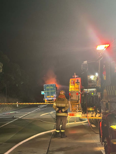 An image relating to the news item Marathon operation to extinguish burning semi, carrying Lithium-ion batteries