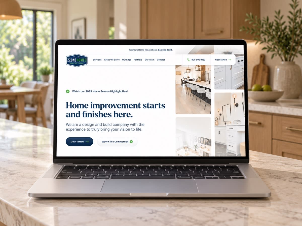 Zzone Homes’ new website design prototype on a laptop in a bright renovated kitchen