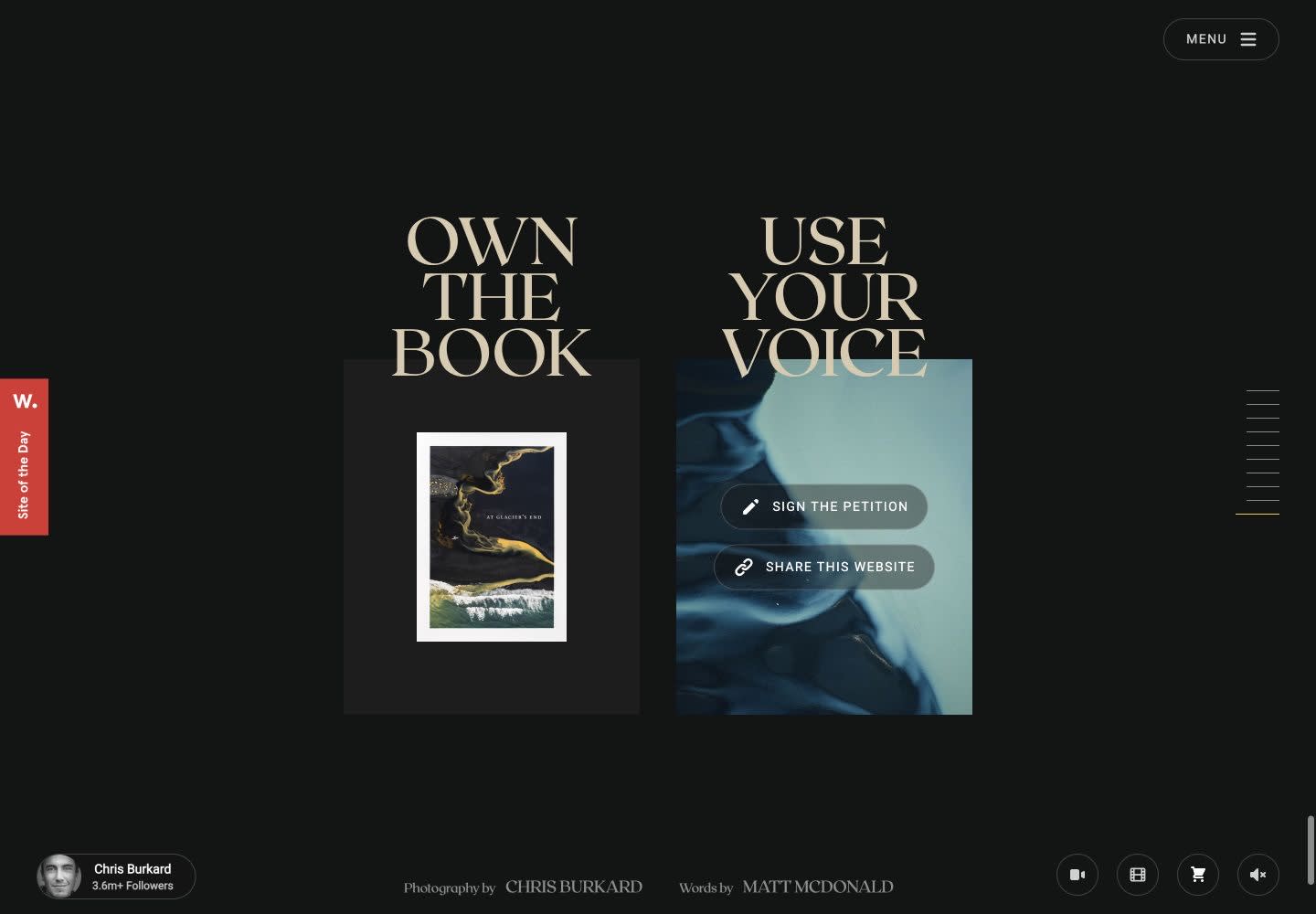At Glacier’s End book alongside the Use Your Voice conservation call to action