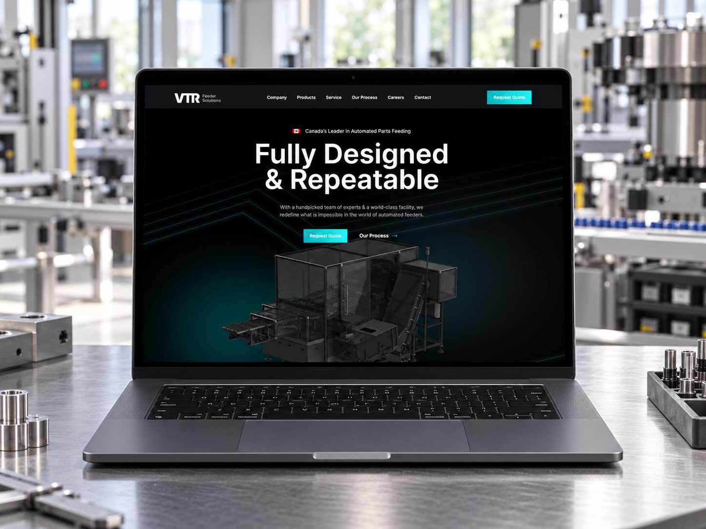 VTR Feeder Solutions’ website on a laptop on a workbench in an industrial automation workshop