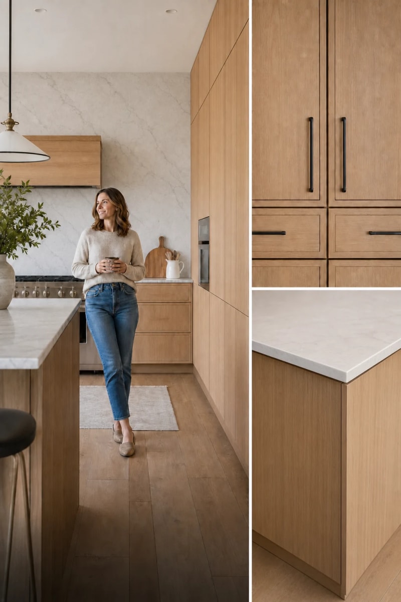 Warm oak cabinetry and stone surfaces in a considered kitchen interior