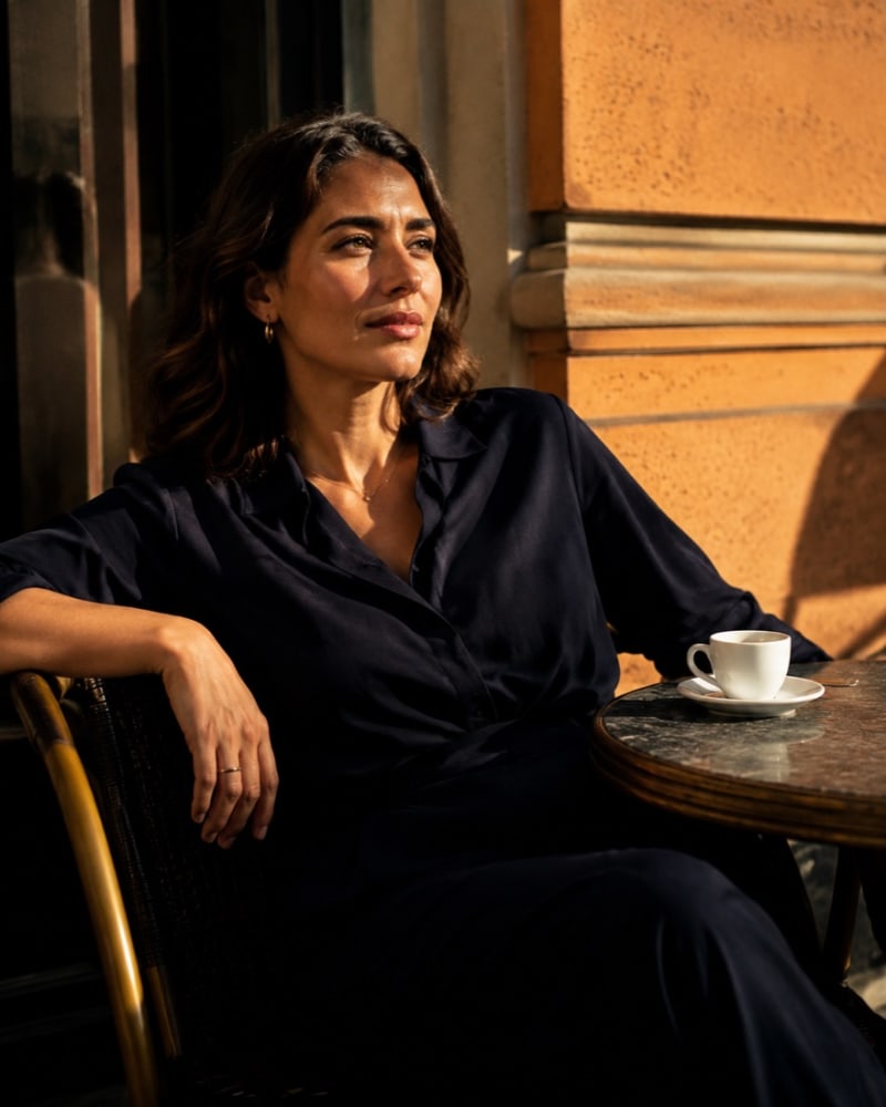 A relaxed business owner enjoying a quiet moment at a sunlit city cafe