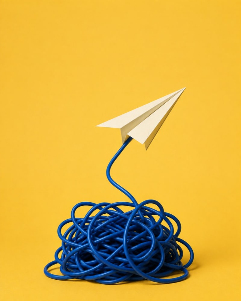 A paper airplane emerging from tangled blue cable against a yellow backdrop