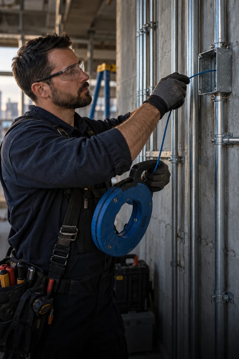 An electrician pulling insulated wire through steel conduit at a junction box