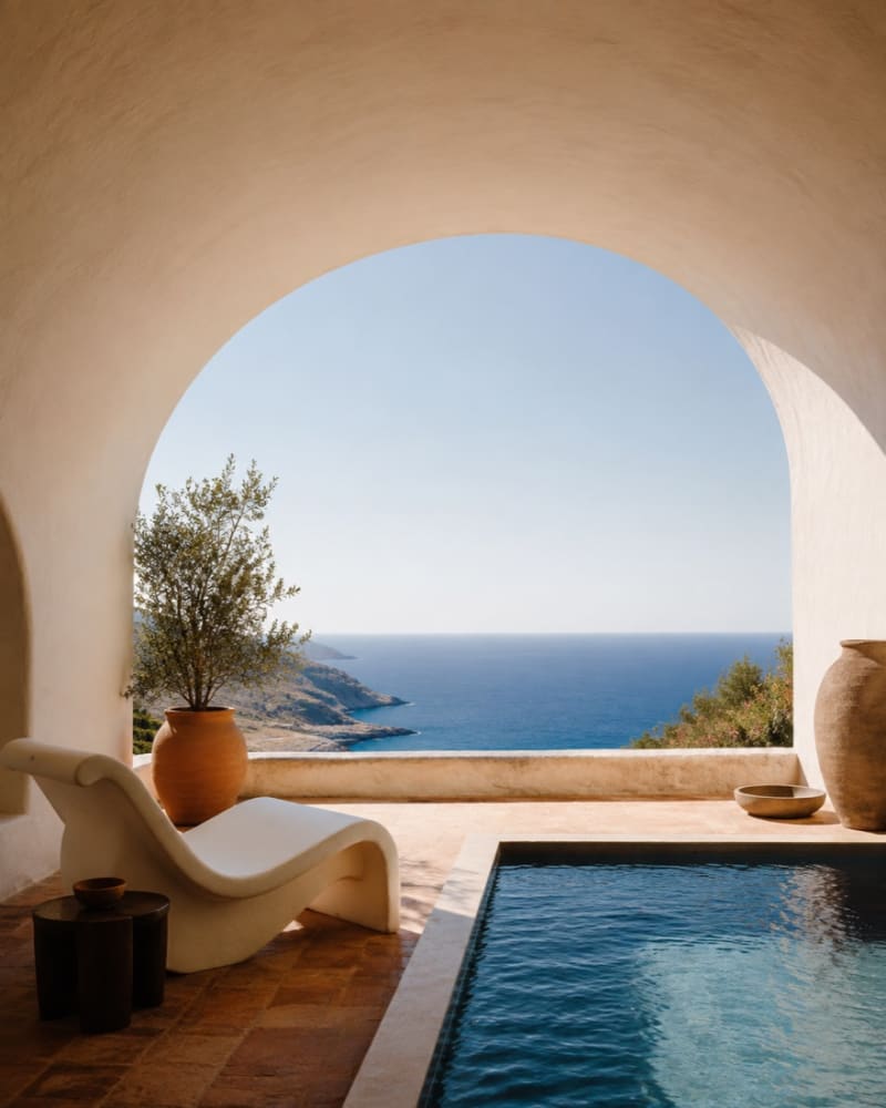 Mediterranean archway framing a blue sea and secluded pool