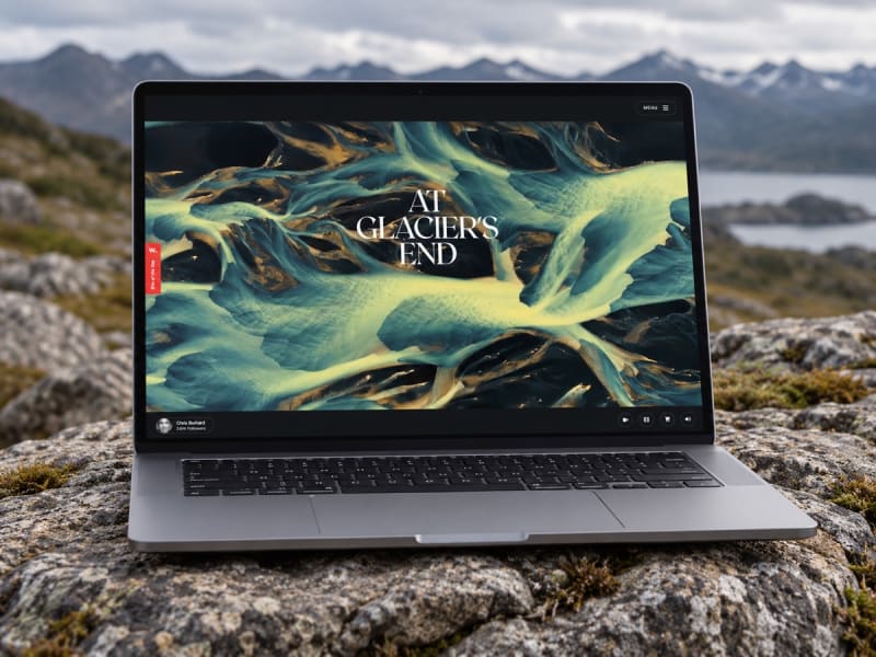 Chris Burkard’s At Glacier’s End website on a laptop in a mountain landscape