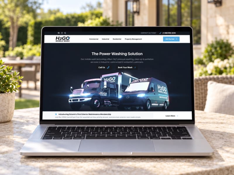 H2GO Mobile Wash’s desktop website on a laptop on a sunlit stone patio table