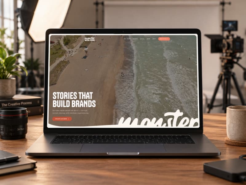 Monster Media House’s website on a laptop in a production studio