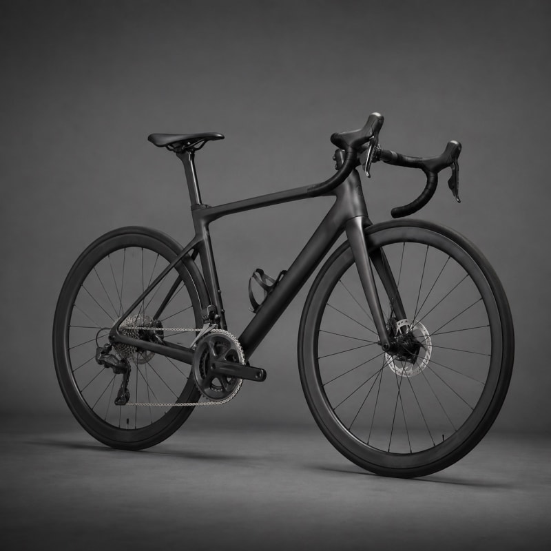 Matte charcoal road bicycle in a grey photography studio