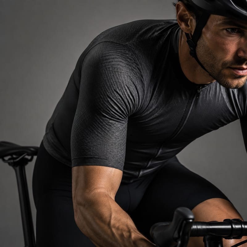 Close-up of a cyclist wearing textured charcoal performance apparel