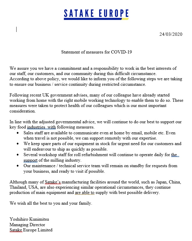 SATAKE EUROPE STATEMENT - COVID 19