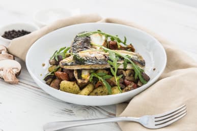 Cornish mackerel with gnocchi, sun-blushed tomatoes, mushrooms & pesto