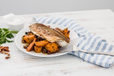 Pan-Fried Gurnard, Sweet Potato and Pecan & Maple dressing