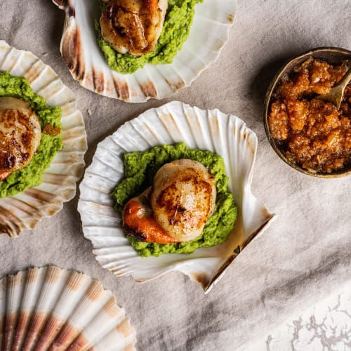 scallops with pea puree and chorizo jam