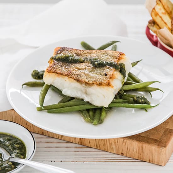 Cornish Cod, Chips, Green Beans, & Pesto