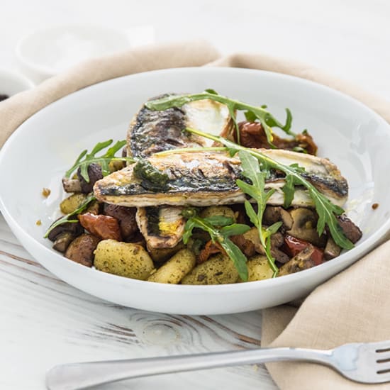 Cornish mackerel with gnocchi, sun-blushed tomatoes, mushrooms & pesto