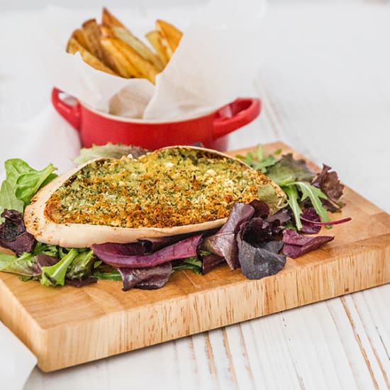 “Dressed to Impress” Baked Crab with Chips & Green Salad