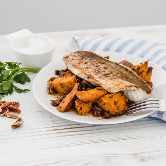 Pan-Fried Gurnard, Sweet Potato and Pecan & Maple dressing