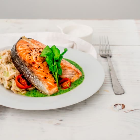 Salmon Steak with Butterbean Mash and Watercress Sauce