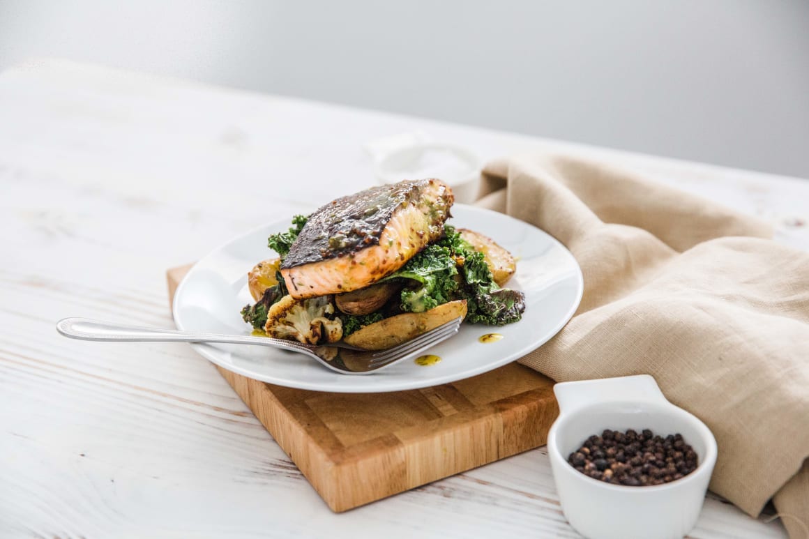 Honey Roast Salmon with Roast Potatoes, Cauliflower & Kale