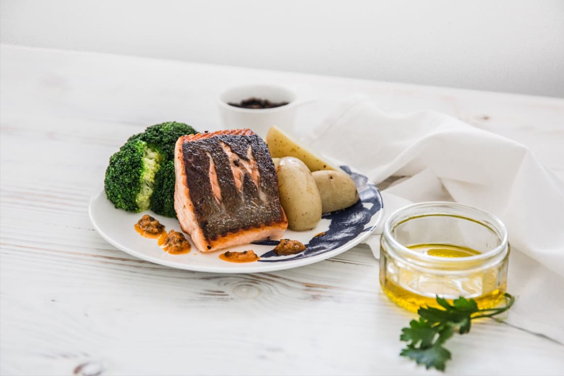 Salmon Fillet, New Potatoes, Broccoli & Bois Boudran Dressing