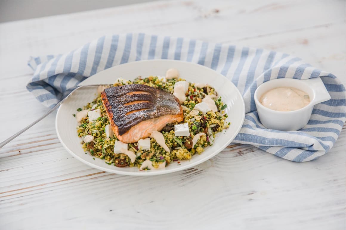 Salmon, Saffron Couscous and Lime & Coriander Yoghurt Sauce