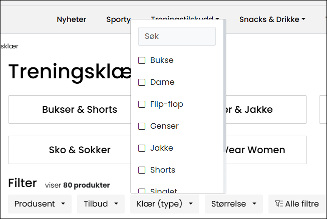 Filterraden på kategorisiden med nedtrekksmenyen Klær (type) åpen, som viser avkrysningsbokser for bukse, genser, jakke, shorts og singlet.