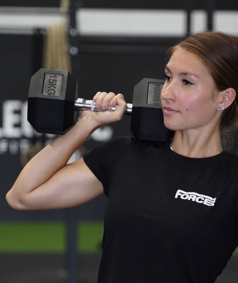 Force USA 2–50kg Commercial Rubber Hex Dumbbell Set + Racks