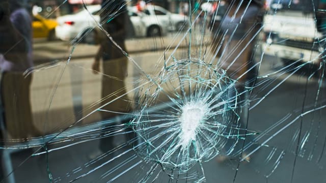 Does your storefront have shattered or damaged glass like the pane pictured here? Call us for glass replacement in Pittsburgh.