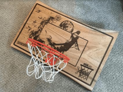 This custom mini hoop comes from MSNLazer and Red Label Sports, including a mini jam spring hoop, mini ball and a door hanging mount from Spalding.