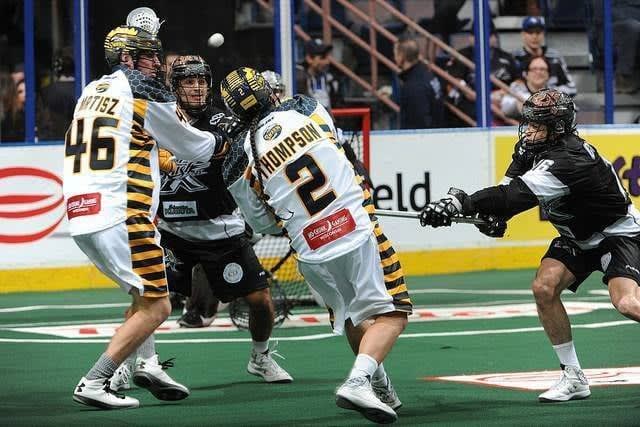Miles Thompson and Jeremy Thompson Minnesota Swarm vs Edmonton Rush NLL Photo Credit: Dale MacMillan