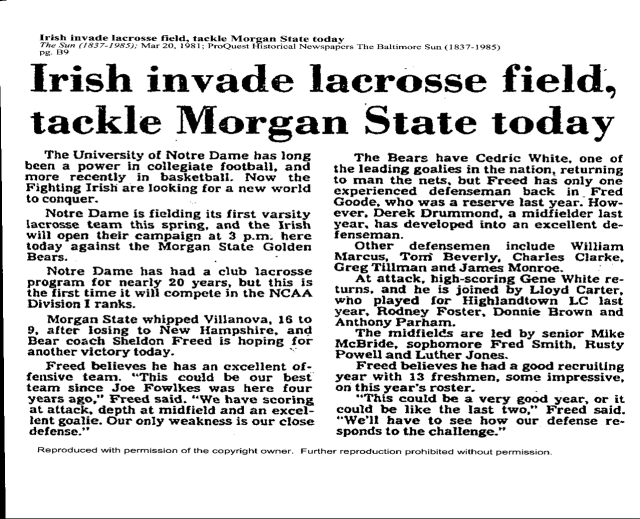 Notre Dame vs Morgan State Lacrosse Newspaper article