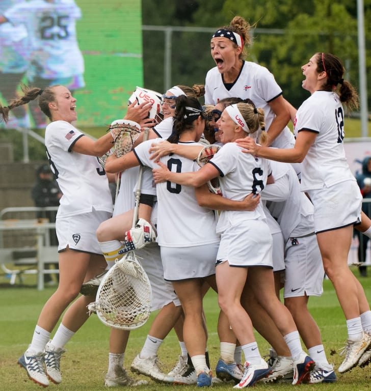 USA player celebrate having won the final at the 2017 FIL Rathbones Women's Lacrosse World Cup at Surrey Sports Park, Guilford, Surrey, UK, 15th July 2017