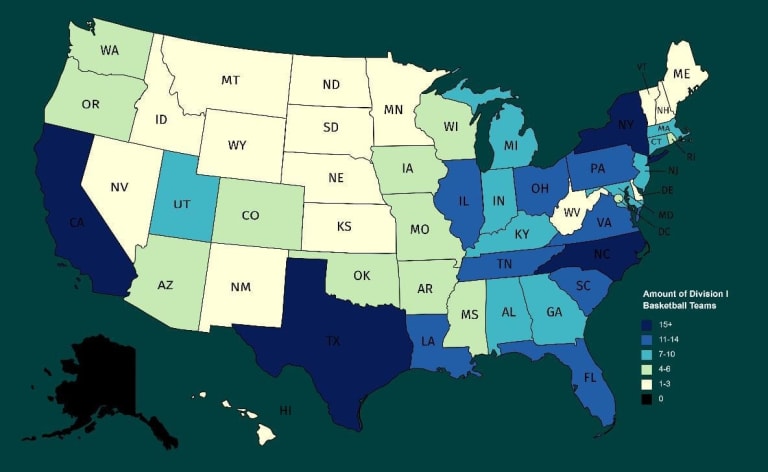 There are more than 350 Division I basketball programs, but what state has the most Division I basketball teams? Here's a hint: it's definitely not Alaska.