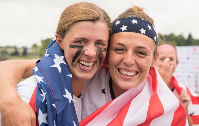 Gussie Johns(L) and Taylor Cummings(R) celebrate at the 2017 FIL Rathbones Women's Lacrosse World Cup at Surrey Sports Park, Guilford, Surrey, UK, 15th July 2017