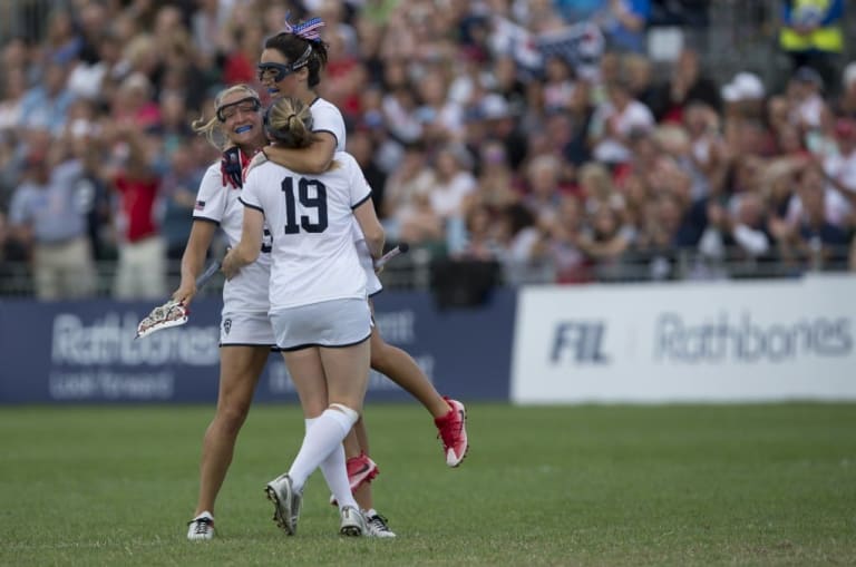 USA's Kelly Rabil celebrates scoring at the Rathbones Women's Lacrosse World Cup, at Surrey Sports Park, Guildford, Surrey, UK, 16th July 2017.