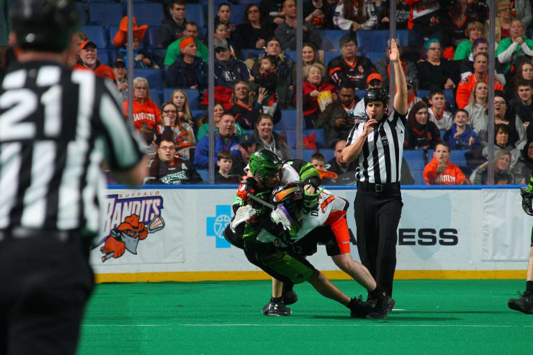 Buffalo Bandits vs Saskatchewan Rush. KeyBank Center, Buffalo, NY. March 16, 2018. Photo by Bill Wippert