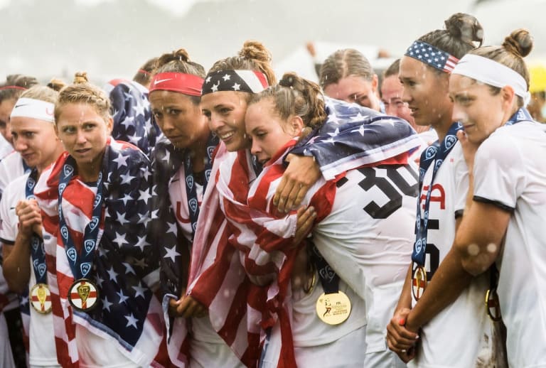 USA celebrates winning the World Cup after defeating Canada 10 -5 2017 FIL Rathbones Women's Lacrosse World Cup, at Surrey Sports Park, Guildford, Surrey, UK, 22nd July 2017.