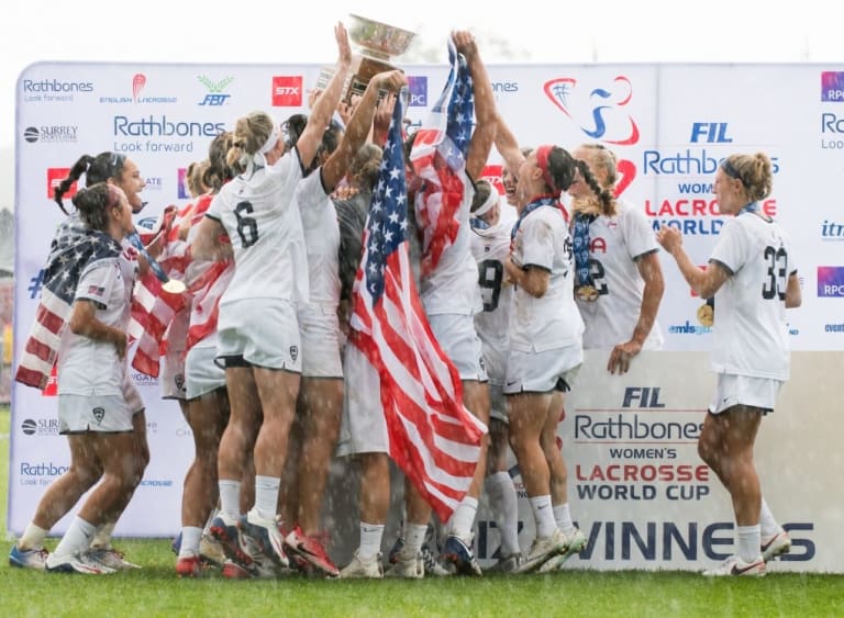 The USA celebrate with the trophy at the 2017 FIL Rathbones Women's Lacrosse World Cup at Surrey Sports Park, Guilford, Surrey, UK, 15th July 2017