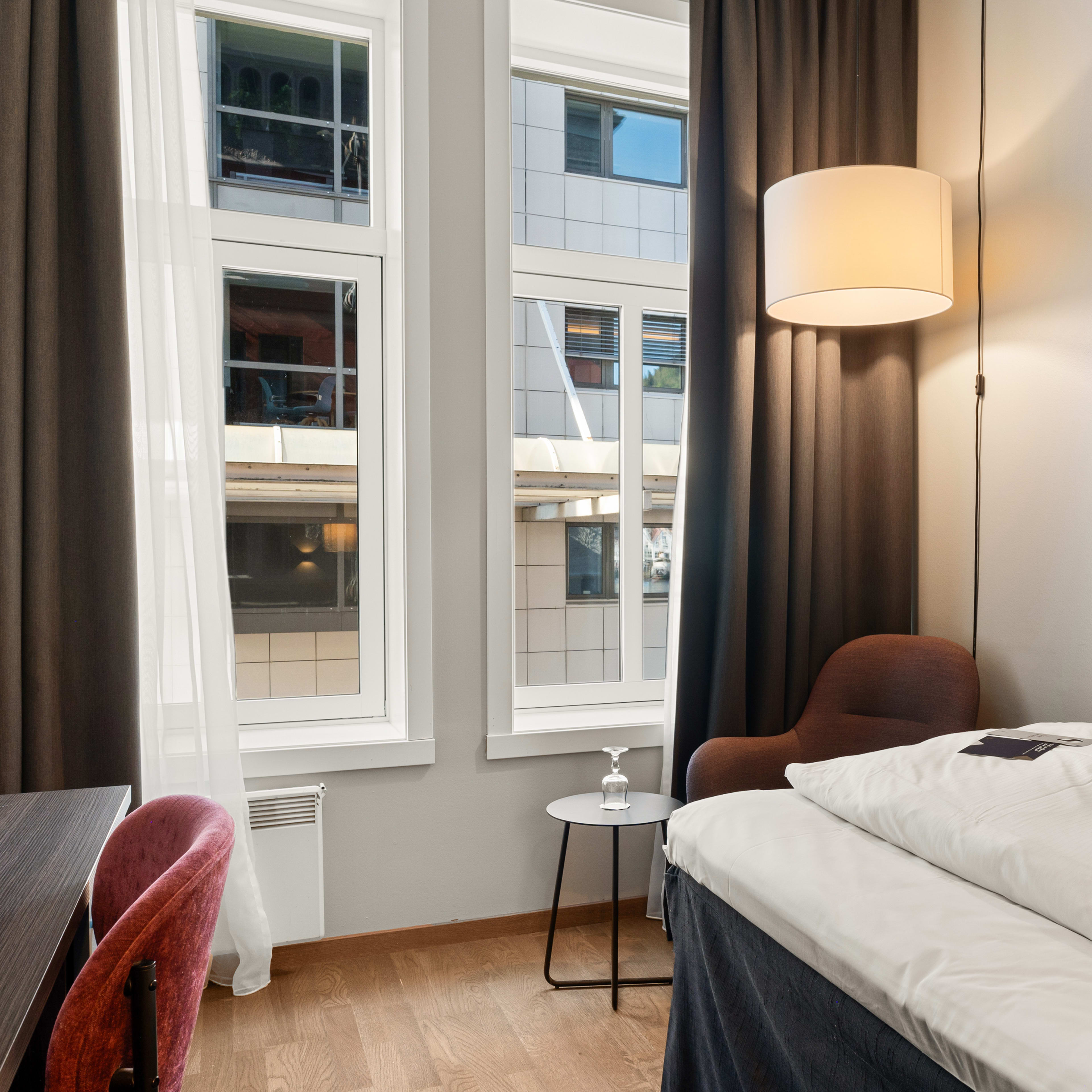 Compact single room at Clarion Hotel Admiral in Bergen with elegant style and courtyard view