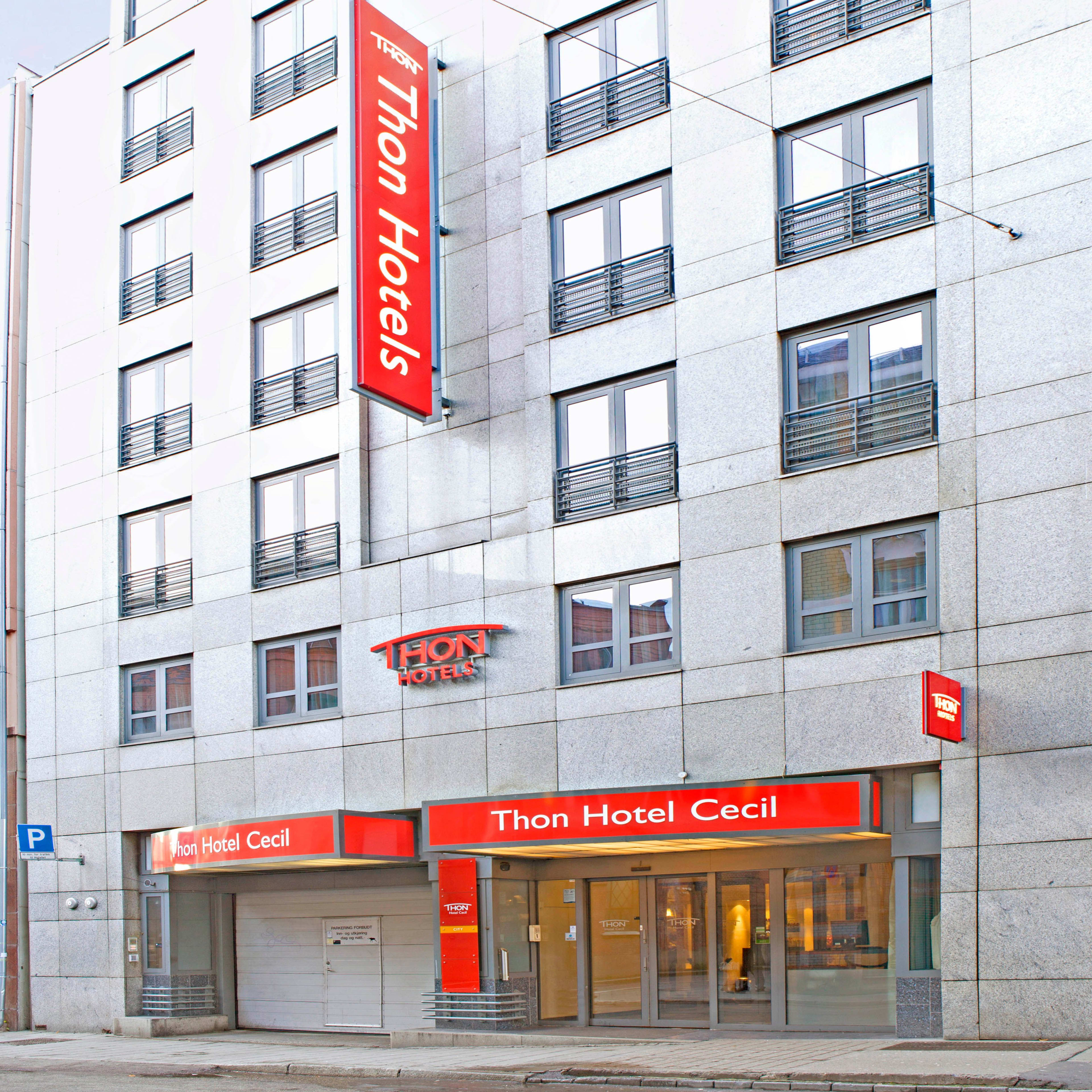 Thon Hotel Cecil Oslo facade with signature sign - central location city hotel