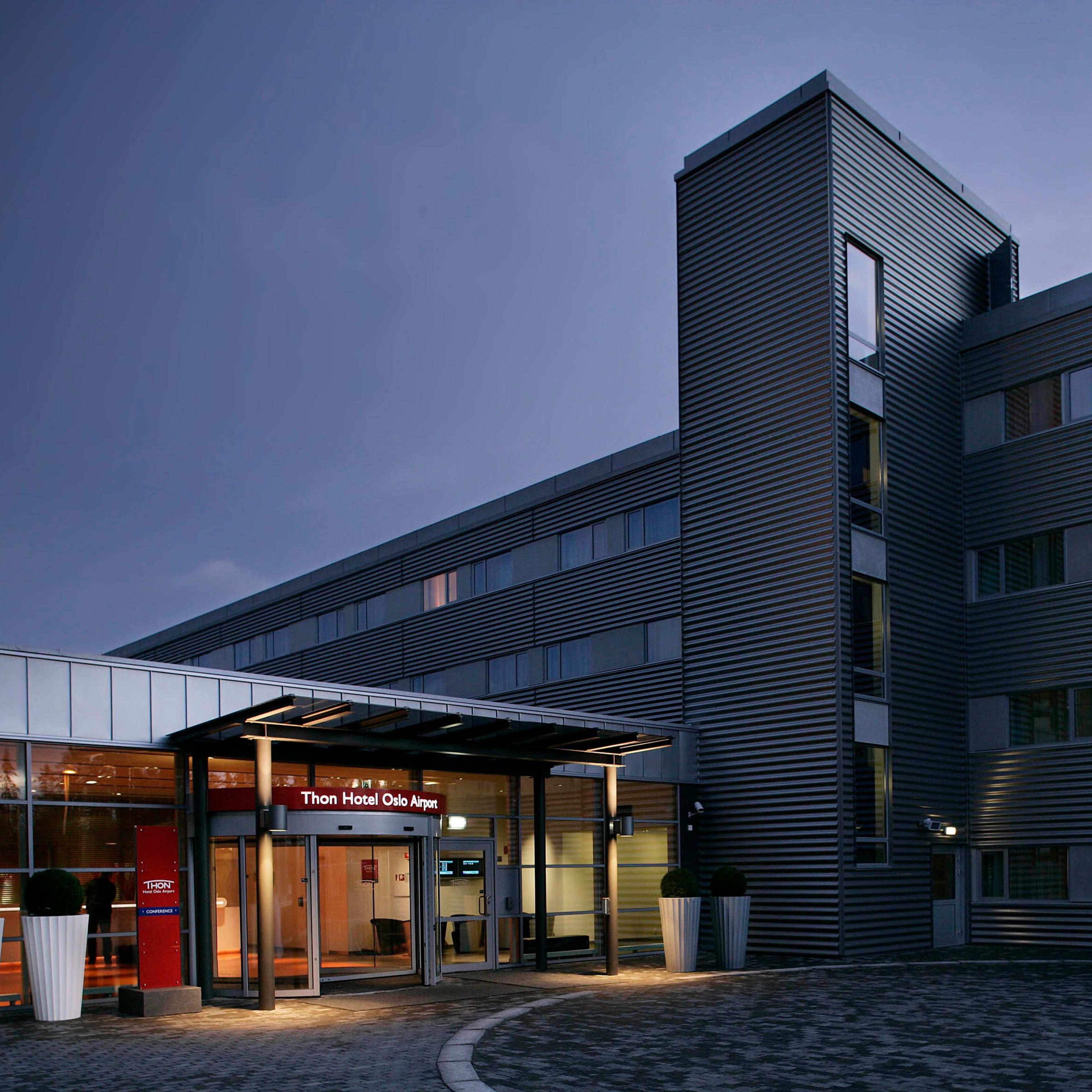 Thon Hotel Oslo Airport facade with modern architecture and signature branding near Oslo airport