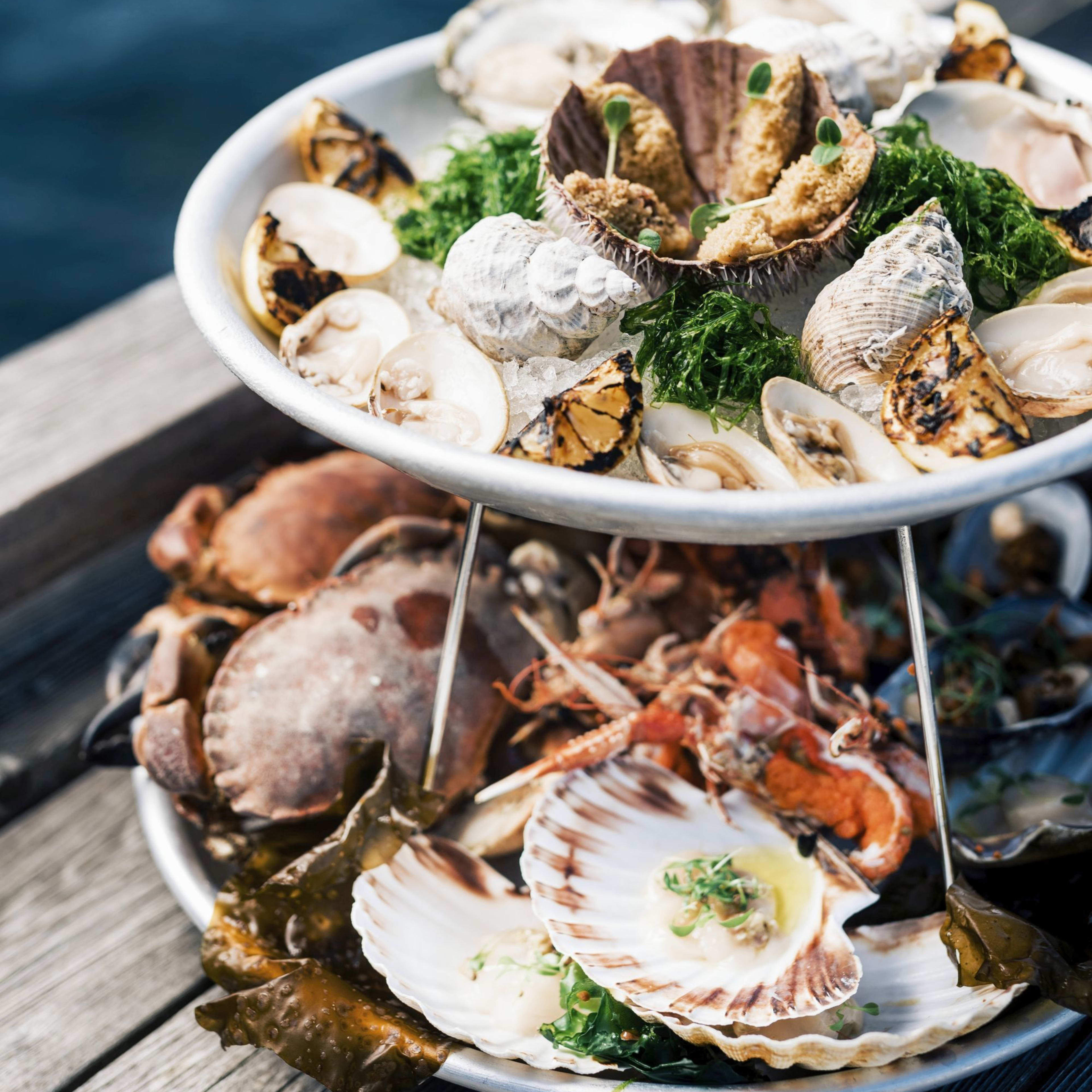 Elegant two-tiered seafood platter on pier above deep blue water; oysters, lobster, crab, and garnished sea urchin.
