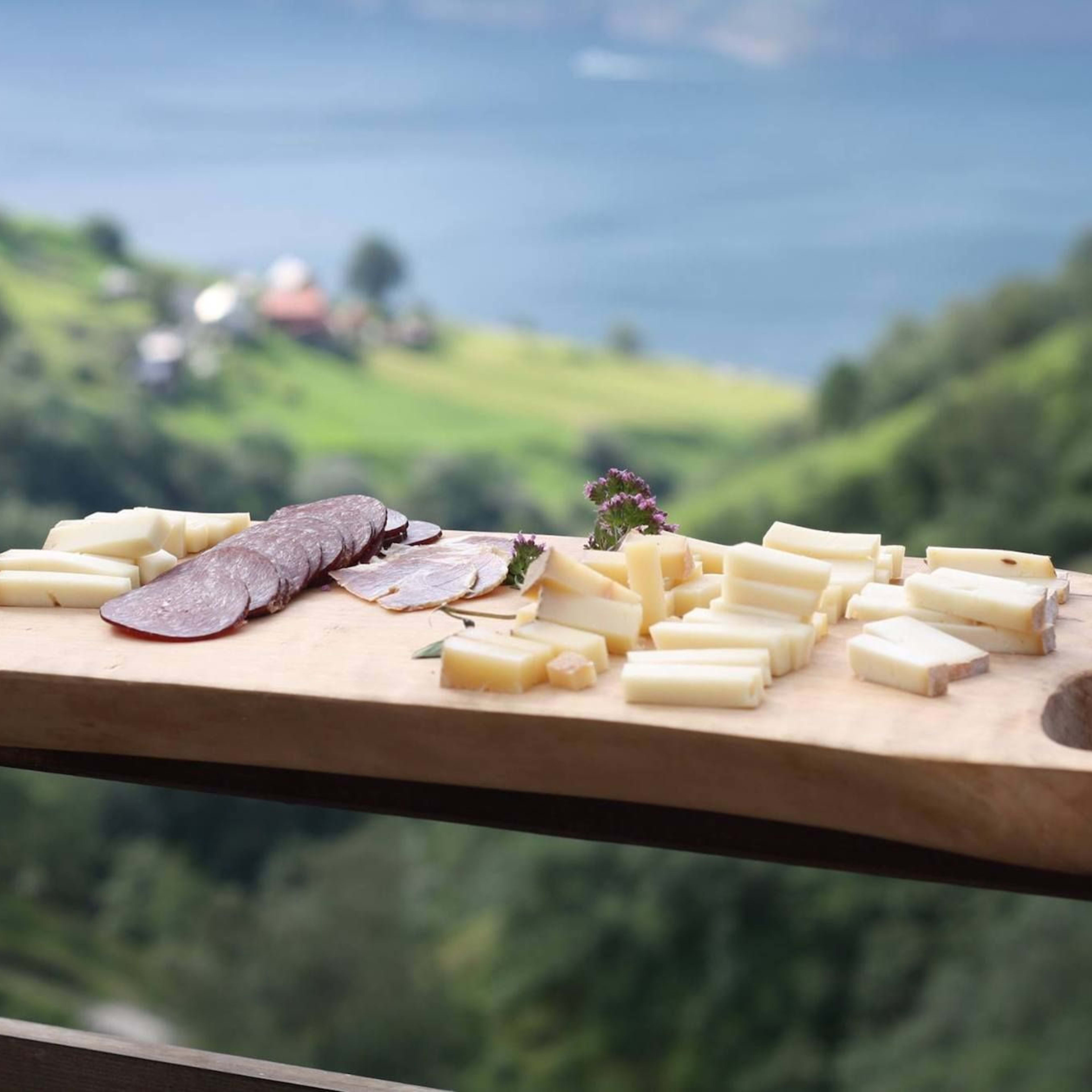 Rustikales Holzbrett mit ordentlich angeordnetem Käse, Salami, Schinken und Kräutern, vor verschwommenem Hintergrund.