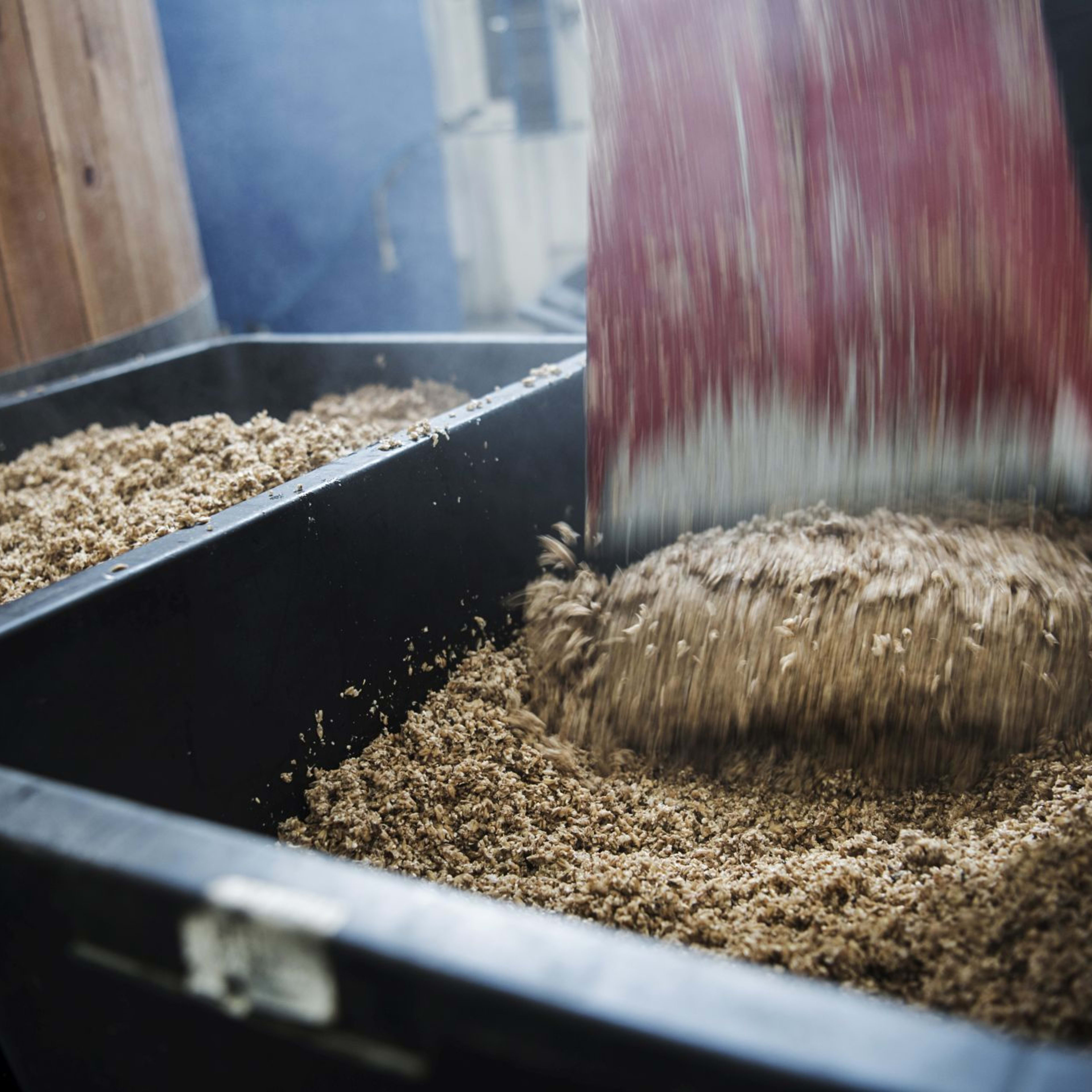 Nahaufnahme einer Person, die Malz in Behälter schaufelt, in einer rustikal-industriellen Umgebung mit Holzwand.